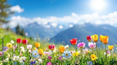 Alpine meadow wildflowers sunny day mountain background photo