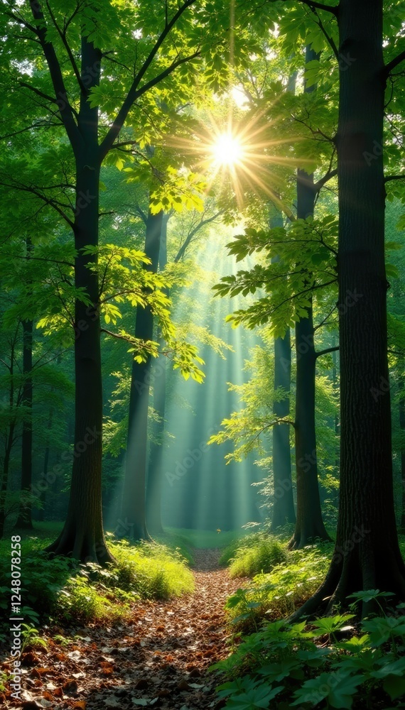 Obraz premium Dappled sunlight filters through the leaves of tall trees, woodland canopy, natural scenery
