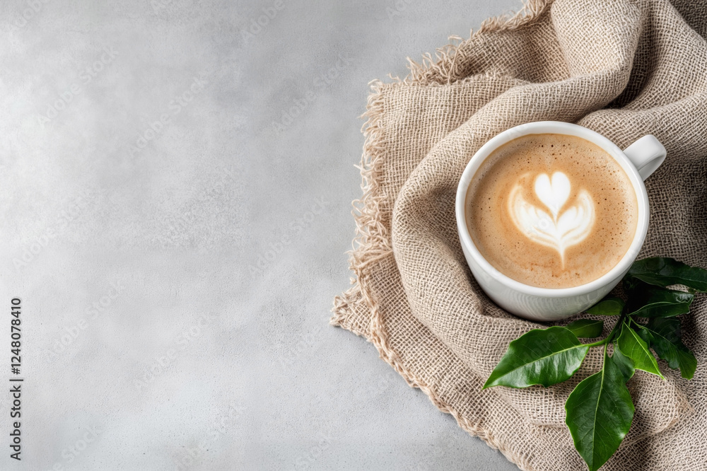 Top view of Cappuccino with latte art with plant decor on burlap. Morning coffee. For design website, banner. Cafe menu. Copy space Top view of Cappuccino with latte art with plant decor on burlap. Morning coffee. For design website, banner. Cafe menu. Copy space