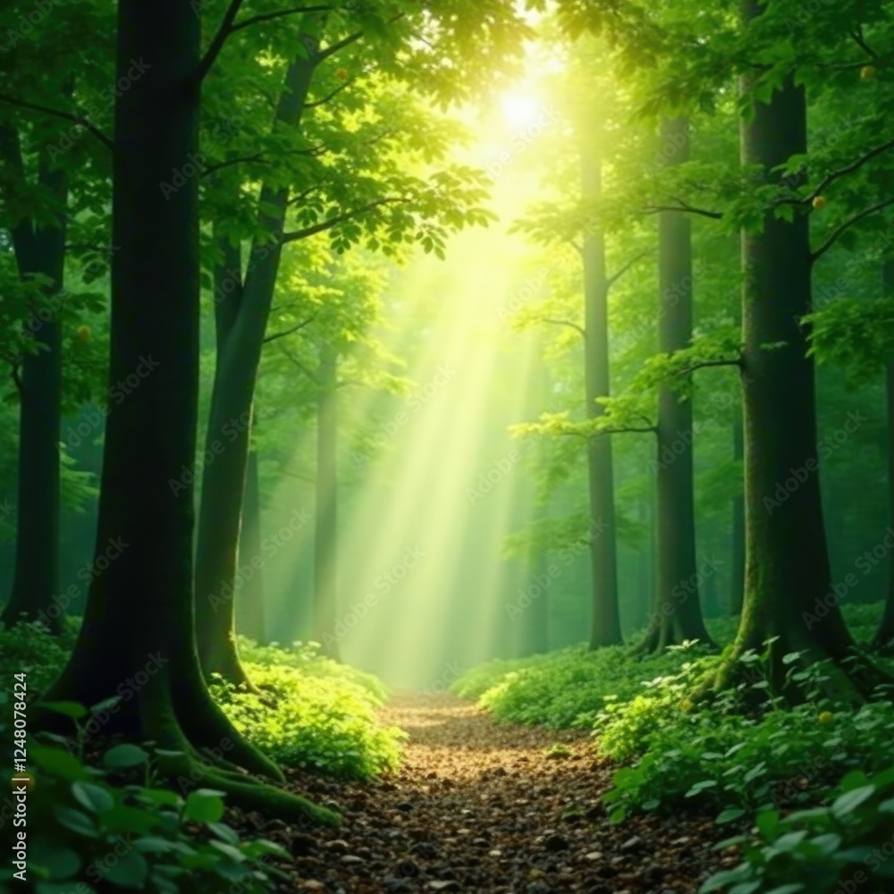 Fototapeta premium Dappled light filtering through leafy branches, forest, foliage, dappled light