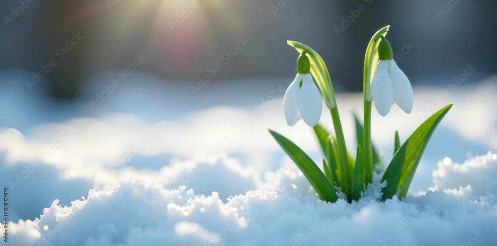 Obraz premium Dainty snowdrop flowers peek through frozen ground, cold, white
