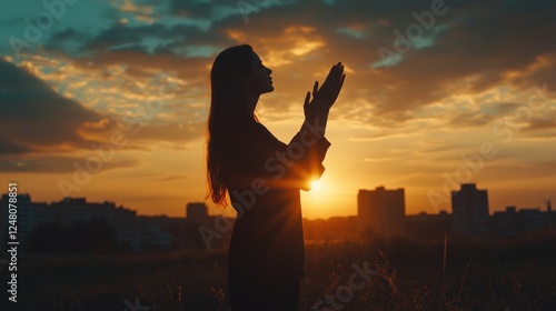A silhouette of a woman praying at sunset, symbolizing hope and reflection.