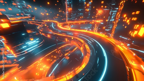 Dynamic glowing roadway, futuristic urban scene with vibrant light trails, indicating fast-paced movement and technology.