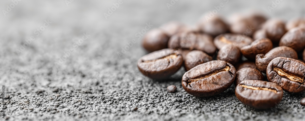 Roasted coffee beans on grey textured surface. Coffee industry. Macro shot. Background for advertising, banner with copy space. Roasted coffee beans on grey textured surface. Coffee industry. Macro shot. Background for advertising, banner with copy space.