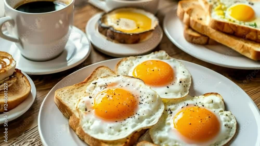 Fried eggs on toast with coffee for breakfast. Fried eggs on toast with coffee for breakfast.