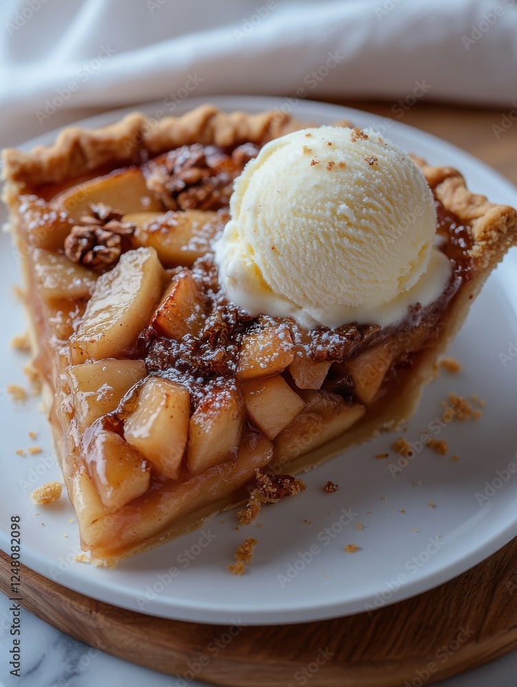 Sliced apple pie topped with creamy vanilla ice cream on a white plate served on wooden table with soft fabric background Sliced apple pie topped with creamy vanilla ice cream on a white plate served on wooden table with soft fabric background