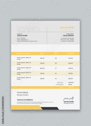A modern invoice template featuring client vendor details, itemized billing, payment info, and terms conditions. Clean, minimalist design.