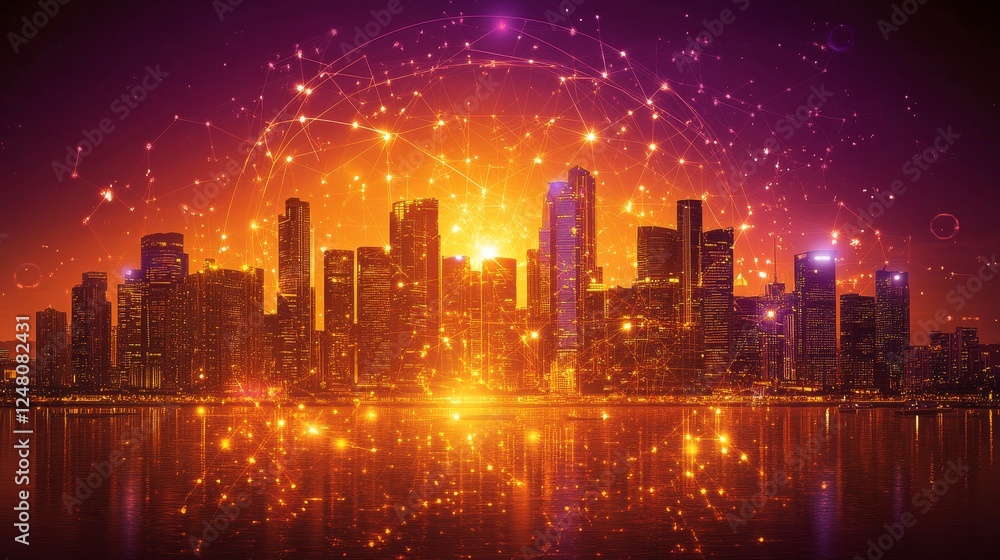 Obraz premium Fiery Cityscape at Night: Urban Explosion of Light and Energy