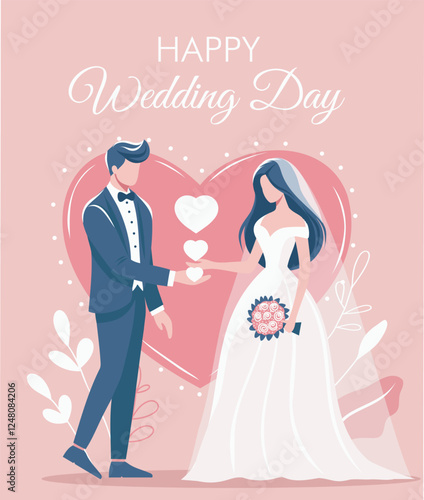 Valentine's Day holiday in a gentle color palette. Vector template. Man groom and woman bride on the background of a big heart. Lovers. Vector illustration for a poster, web banner, card