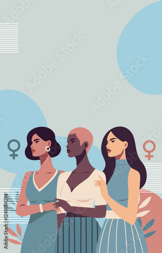 Women's day. Equality day. Vector illustration with space for text, women symbolize freedom, fight for women's empowerment and gender equality. Use for women's holidays, website, social media