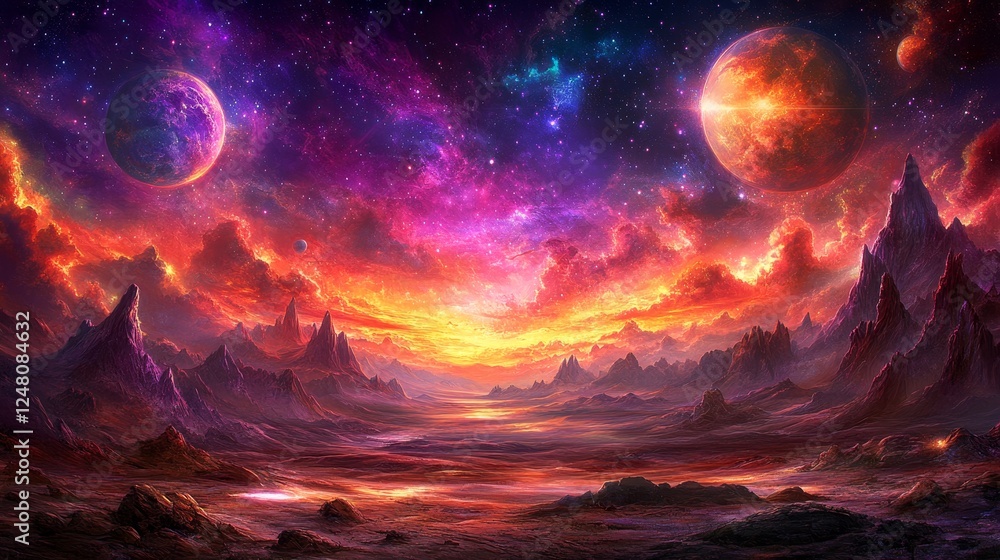 Fototapeta premium FieryCosmicLandscapeFantasyArtDigitalPaintingAbstractSpacePlanetsStarsMountains