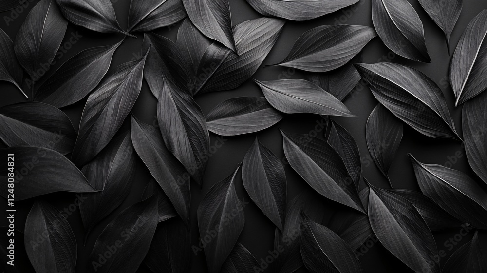 Abstract black leaves texture in a tropical flat lay design; perfect for dark, nature-inspired backgrounds or botanical concepts. Abstract black leaves texture in a tropical flat lay design; perfect for dark, nature-inspired backgrounds or botanical concepts.