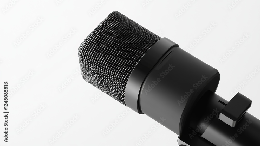 Black Microphone Diagonally Placed on White Background. Studio Equipment and Recording Essentials. Black Microphone Diagonally Placed on White Background. Studio Equipment and Recording Essentials.