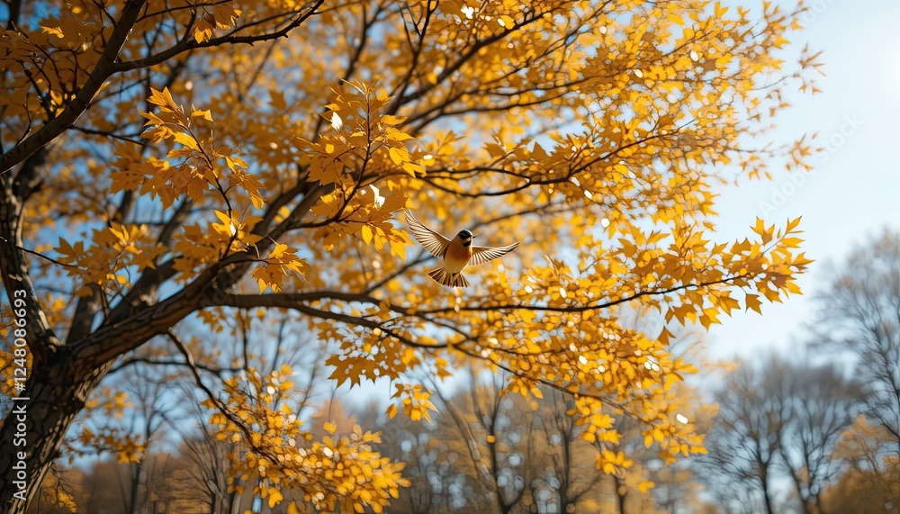 On a sunny day in an autumnal park, a lovely tiny bird flies flies past the branch of an oak tree with golden leaves On a sunny day in an autumnal park, a lovely tiny bird flies flies past the branch of an oak tree with golden leaves
