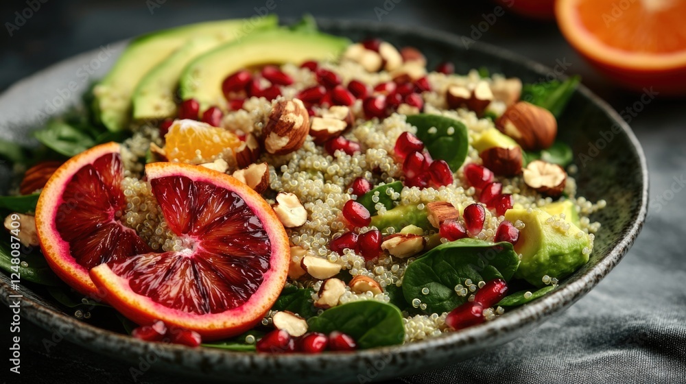 A healthy snack featuring fresh oranges, avocado, and nuts arranged in a bowl A healthy snack featuring fresh oranges, avocado, and nuts arranged in a bowl