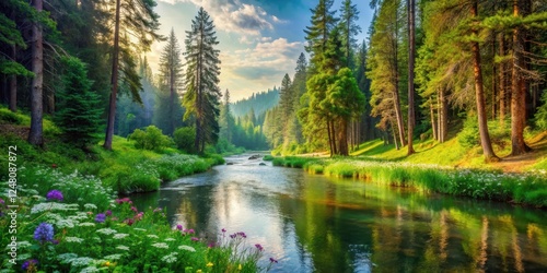 Serene forest landscape with lush greenery and a gentle river flowing through the trees, surrounded by towering evergreens and vibrant wildflowers , wilderness, vegetation