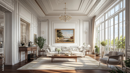 Fototapeta Naklejka Na Ścianę i Meble -  Room interior with white classic wall panel and wooden floor. Light background with luxury elegant molding frames. Realistic 3d vector illustration of home or office design with moulding and parquet