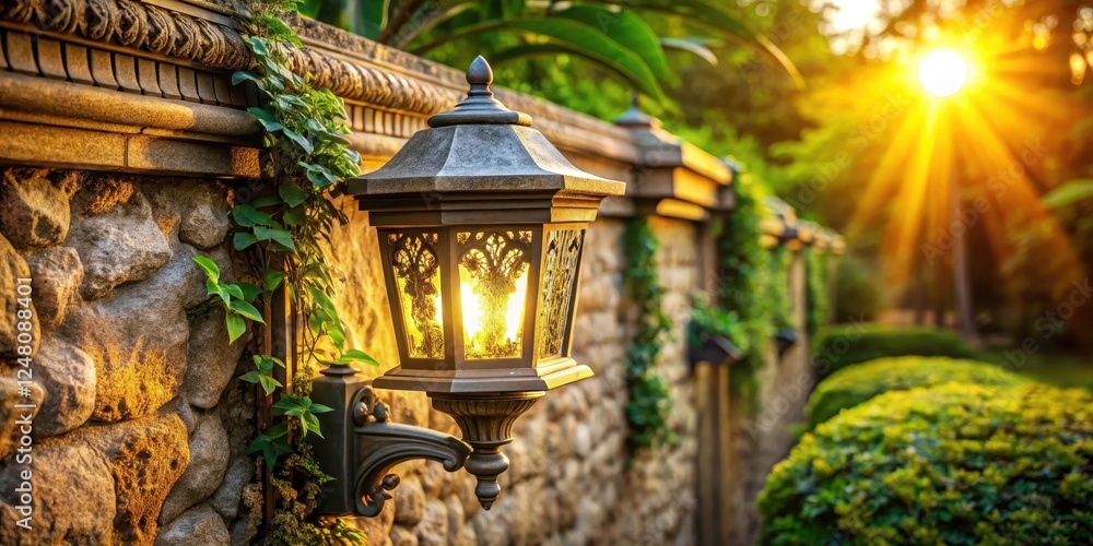 Obraz premium Solar lamp mounted on a weathered outdoor wall with intricate stone carvings and lush greenery surrounding it, set against a warm golden sunlit backdrop at dusk, evening light, nature