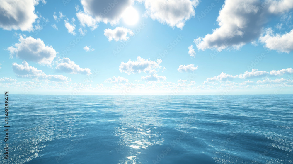 Fototapeta premium Panorama of sea with calm water surface and clouds in sky. Vector cartoon illustration of panoramic landscape of ocean bay, harbor or lake in daytime. Tropical seascape and marine horizon