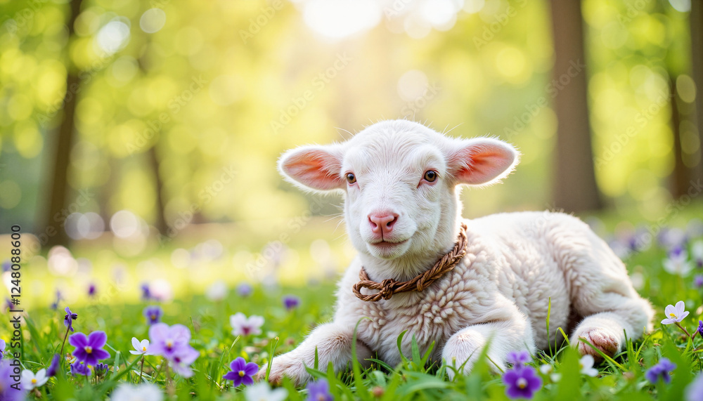 Obraz premium Playful lamb resting among violets in spring woodland, nature's beauty