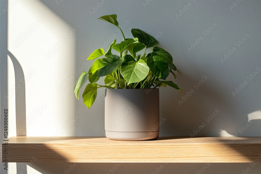 Matte ceramic plant pot with clean lines placed on a wooden shelf Matte ceramic plant pot with clean lines placed on a wooden shelf