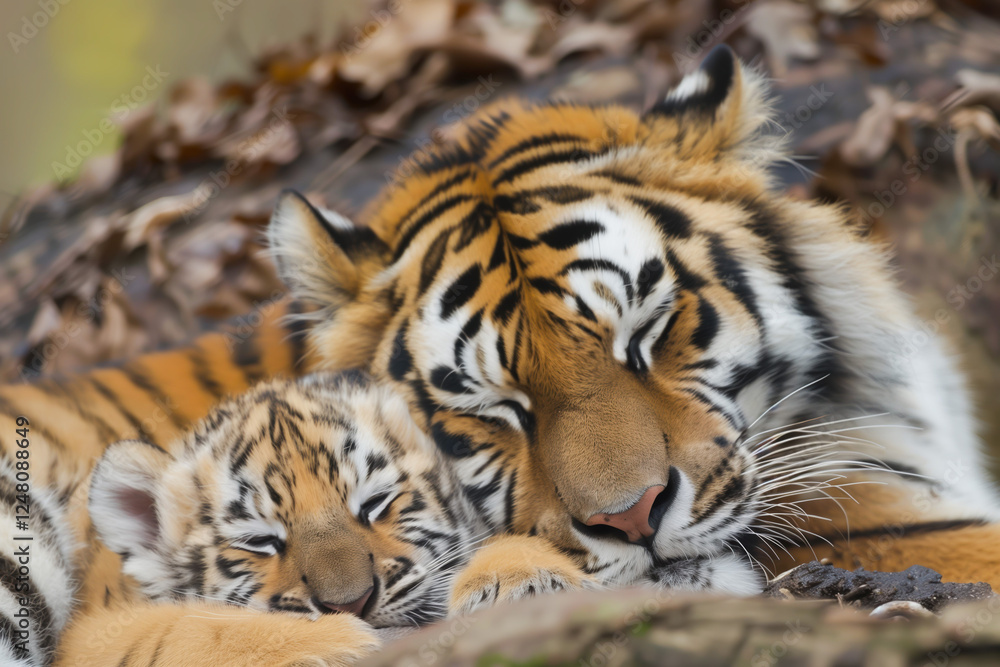 Tiger cub nestled against its mother, emphasizing safety and bond Tiger cub nestled against its mother, emphasizing safety and bond