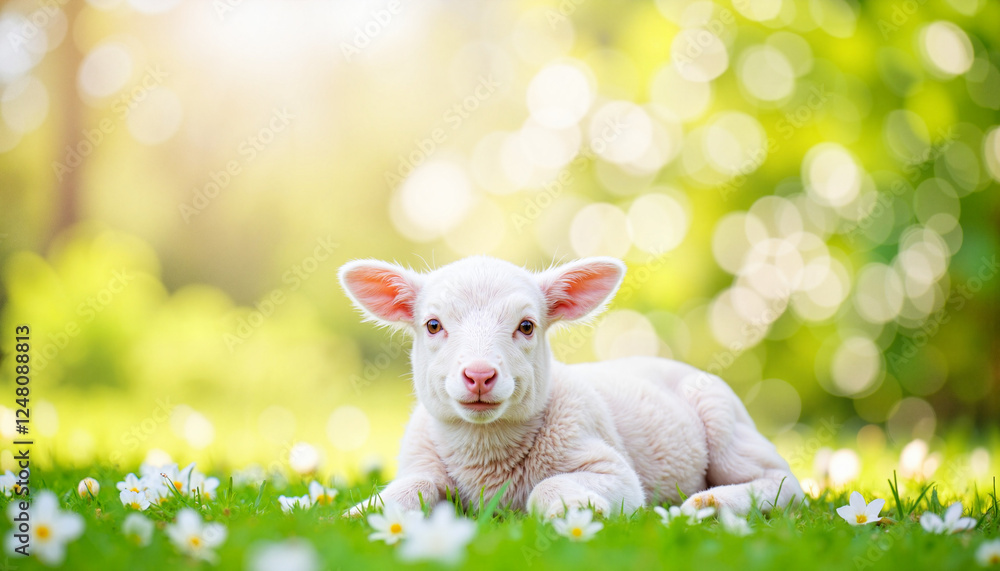 Fototapeta premium Serene lamb resting among jasmine flowers in summer backyard, tranquility