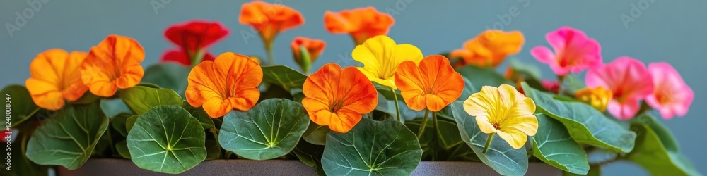 Fototapeta premium A close up of a colorful pot filled with various flowers, ideal for use as a decorative element or in still life photography