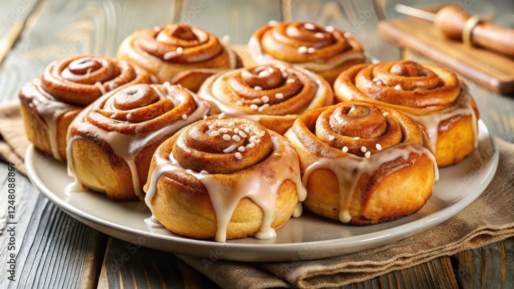 Soft, golden-brown cinnamon buns on a plate with a side of sweet, sticky icing, arranged artfully for a delightful dessert presentation Soft, golden-brown cinnamon buns on a plate with a side of sweet, sticky icing, arranged artfully for a delightful dessert presentation
