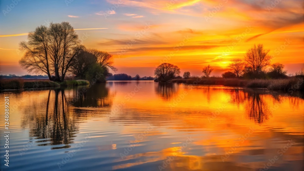 A serene sunset over the River Yare at dusk, with gentle ripples on the water's surface and trees silhouetted against the vibrant orange sky , Nature Scene, Trees Silhouette A serene sunset over the River Yare at dusk, with gentle ripples on the water's surface and trees silhouetted against the vibrant orange sky , Nature Scene, Trees Silhouette