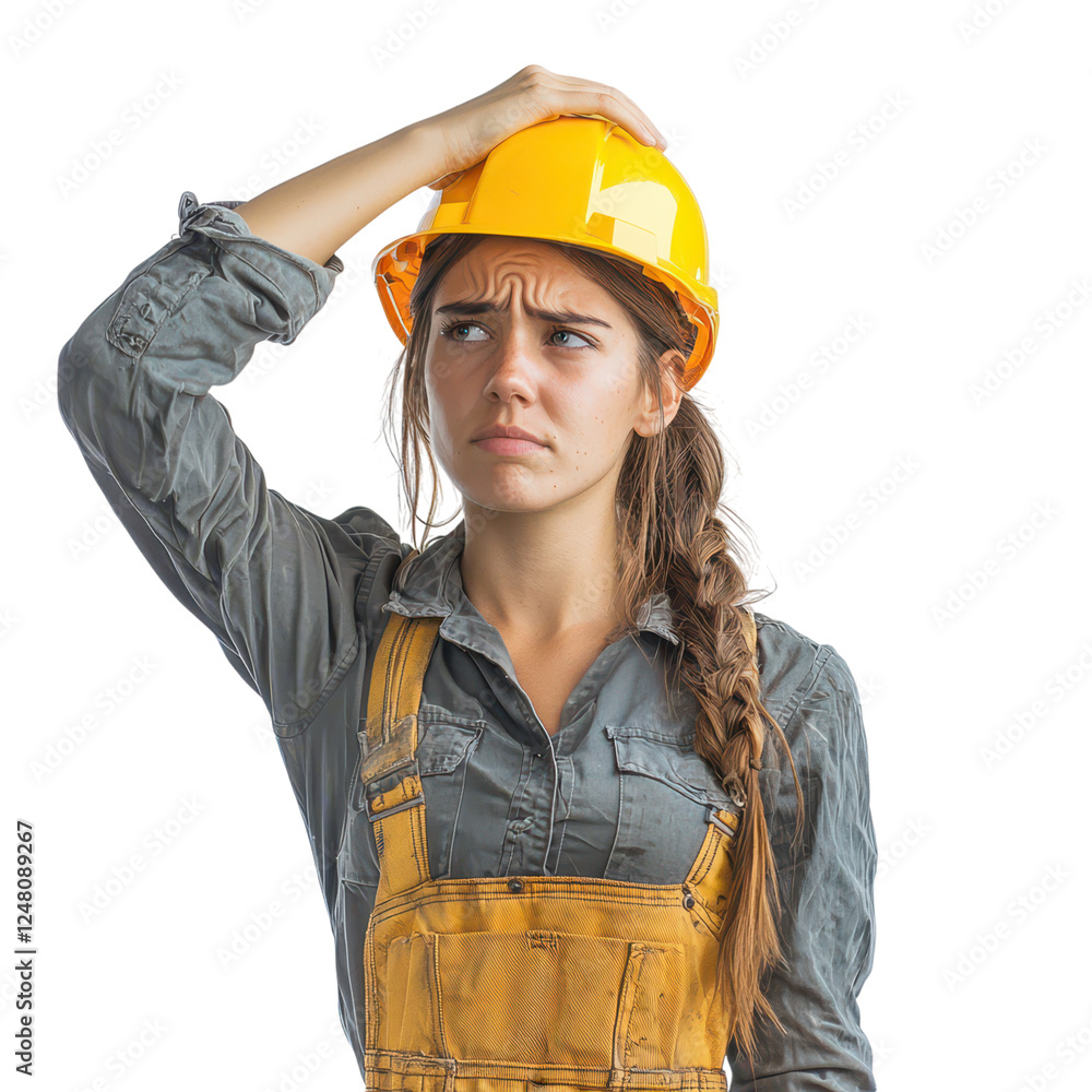 Confused construction worker urban site portrait daylight close-up problem-solving attitude Confused construction worker urban site portrait daylight close-up problem-solving attitude