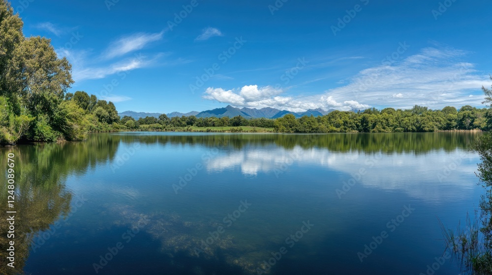 Serene Lake Reflecting Majestic Mountains under a Summer Sky Serene Lake Reflecting Majestic Mountains under a Summer Sky