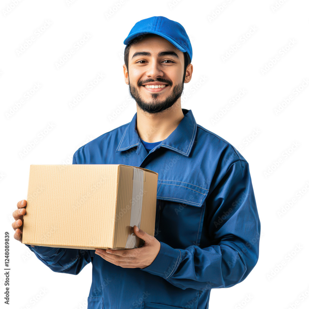 Delivery action smiling courier with cardboard box urban environment professional setting Delivery action smiling courier with cardboard box urban environment professional setting