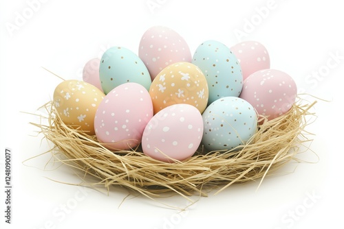 Speckled pastel eggs arranged in a straw nest on a white background, creating a natural and festive composition. The soft colors and organic textures enhance the delicate and rustic charm