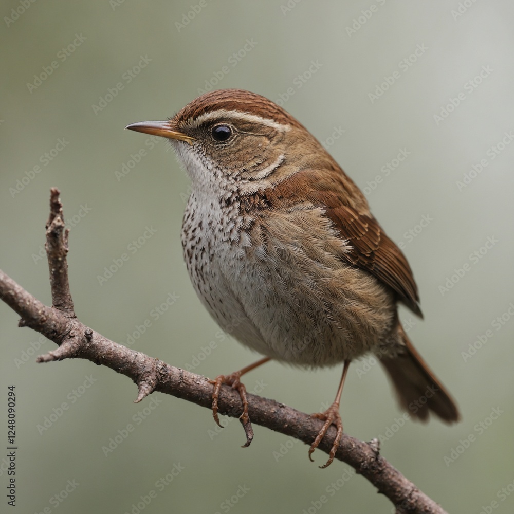 A tiny wren perched delicately, its brown feathers standing out against the white. A tiny wren perched delicately, its brown feathers standing out against the white.