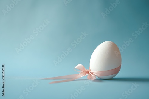 White egg tied with a delicate pink ribbon on a soft blue background, creating a minimalist and elegant composition. The gentle lighting enhances the simplicity and sophistication of the scene