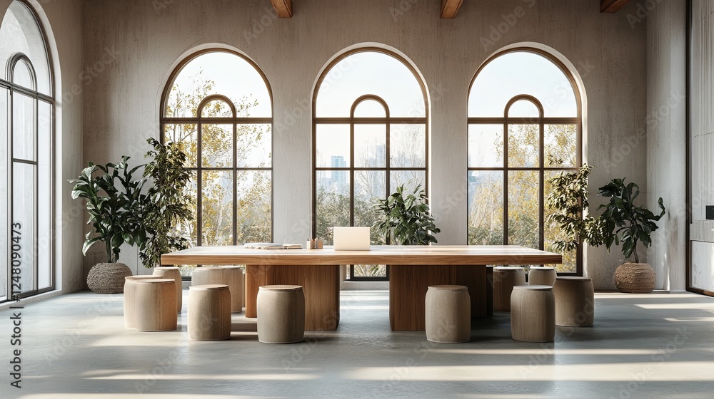 Bright open office with a central wooden table, surrounding stools, and large arched windows Bright open office with a central wooden table, surrounding stools, and large arched windows