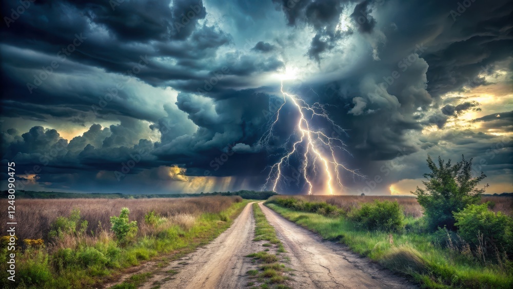 A dirt road overgrown with weeds is shrouded in dark storm clouds A dirt road overgrown with weeds is shrouded in dark storm clouds