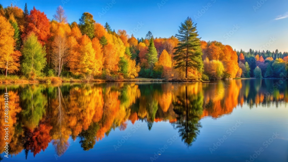 Vibrant autumn leaves reflected in the calm surface of a serene lake on a crisp morning, surrounded by tall trees with golden hues, scenery, tranquility Vibrant autumn leaves reflected in the calm surface of a serene lake on a crisp morning, surrounded by tall trees with golden hues, scenery, tranquility