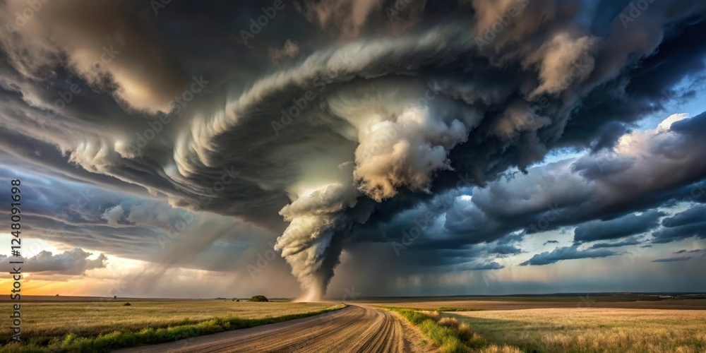 A massive tornado stretches across a vast, open plain, its funnel cloud churning with debris and dust, as the sky above darkens with foreboding clouds , destruction, tornado A massive tornado stretches across a vast, open plain, its funnel cloud churning with debris and dust, as the sky above darkens with foreboding clouds , destruction, tornado