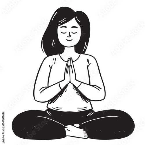 A woman sits in a lotus pose, meditating peacefully. Her expression radiates inner balance, mindfulness, and tranquility. The minimalist style highlights wellness, relaxation, and a healthy lifestyle.