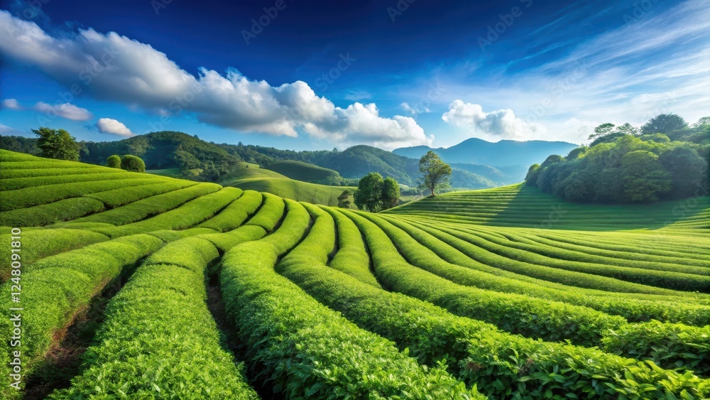 Obraz premium Green tea plantation under clear blue sky, countryside, outdoors, countryside, outdoors, nature,teal, blue