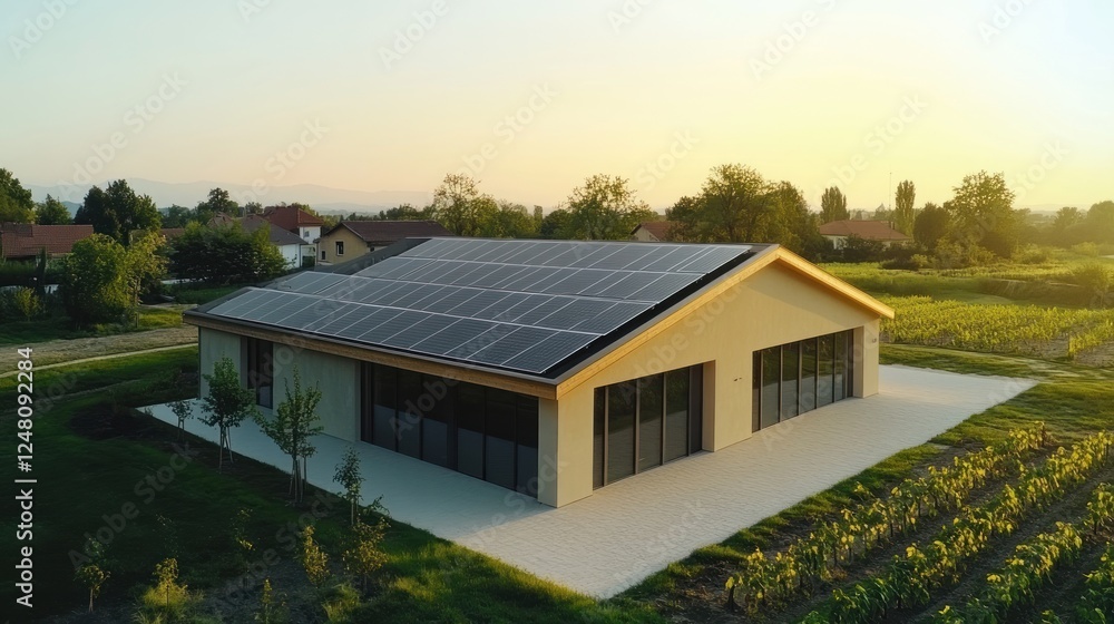 Modern building with solar panels in a serene landscape during sunset. Modern building with solar panels in a serene landscape during sunset.