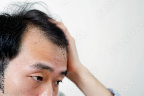 生え際の薄毛に悩む男性（AGA・男性型脱毛症・若ハゲ・M字ハゲ・はげ・育毛剤）