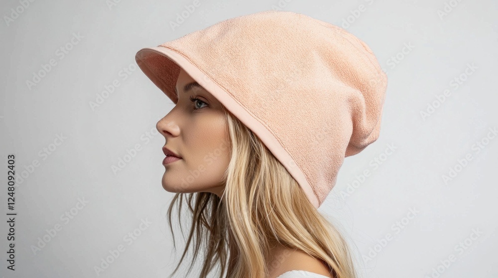 A blonde woman with shoulder-length hair models an oversized pastel coral towel bucket hat in a studio setting. The minimalist white background highlights the fashion accessory's unique design A blonde woman with shoulder-length hair models an oversized pastel coral towel bucket hat in a studio setting. The minimalist white background highlights the fashion accessory's unique design