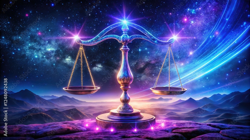 Neon Libra scales glow against a purple-blue, starry night, captured in a dreamy long exposure. Neon Libra scales glow against a purple-blue, starry night, captured in a dreamy long exposure.