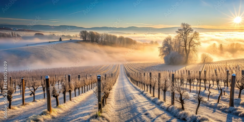 Chilled vineyards in frosty morning, smog, winter scene, smog, winter scene