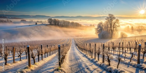 Obraz na płótnie Chilled vineyards in frosty morning, smog, winter scene, smog, winter scene w salonie