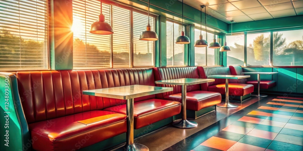 Fototapeta premium Vintage Diner Interior with Red and Teal Booths Sunlit by Morning Rays