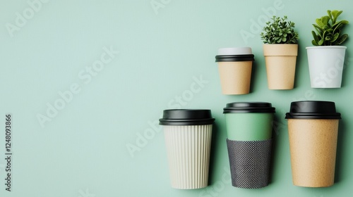 Wallpaper Mural Various Coffee Cups and Plant Pots on a Soft Green Background for Modern Lifestyle and Eco-Friendly Themes Torontodigital.ca
